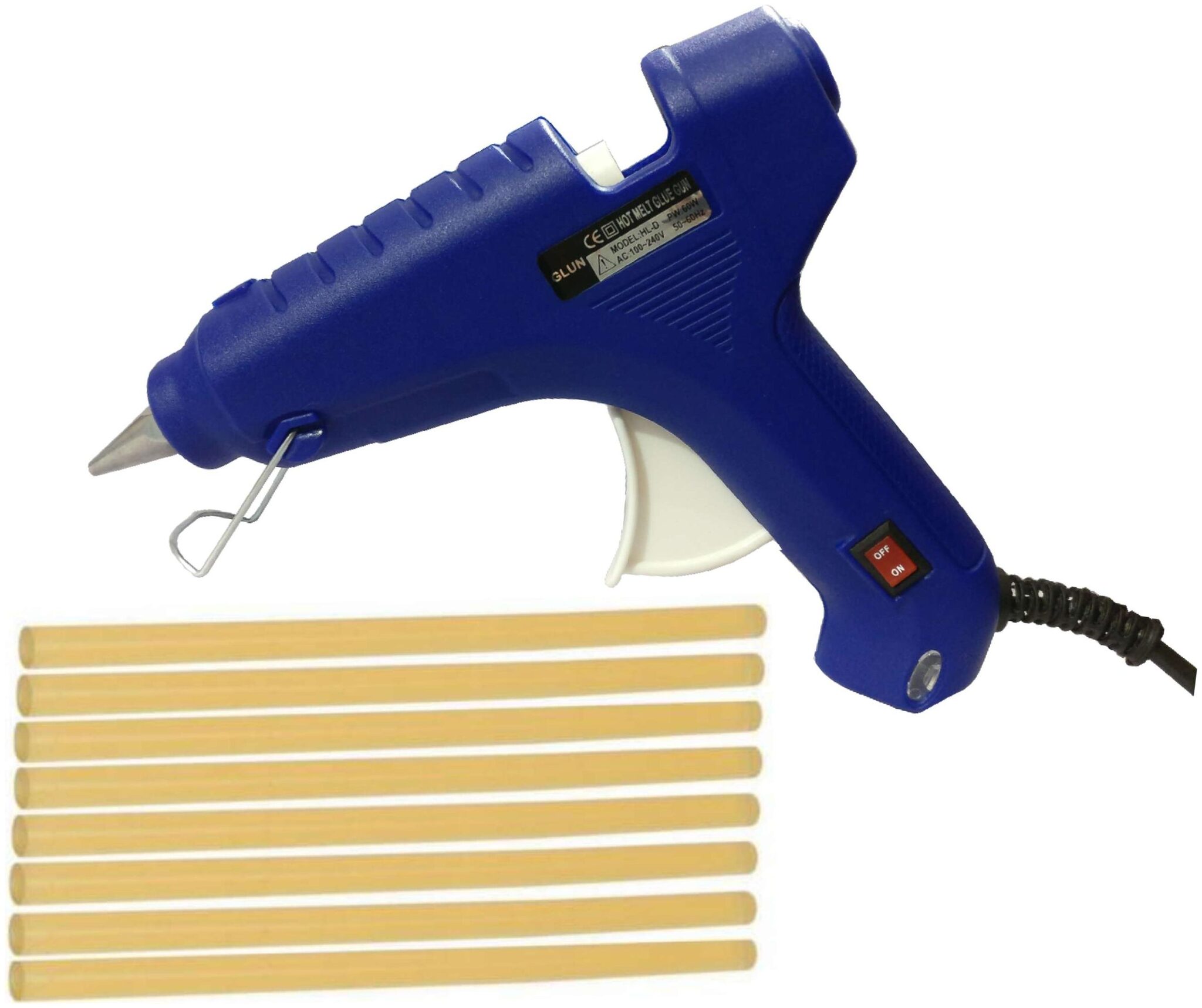 

BLUE 60W 60 WATT HOT MELT GLUE GUN LEAK PROOF PROFESSIONAL GUN WITH ON OFF SWITCH AND INDICATOR AND FREE 8 YELLOW GLUE STICKS