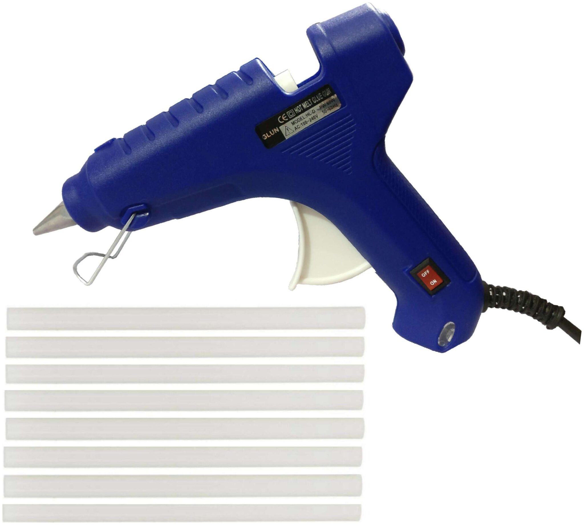 

BLUE 60W 60 WATT HOT MELT GLUE GUN LEAK PROOF PROFESSIONAL GUN WITH ON OFF SWITCH AND INDICATOR AND FREE 8 TRANSPARENT GLUE STICKS