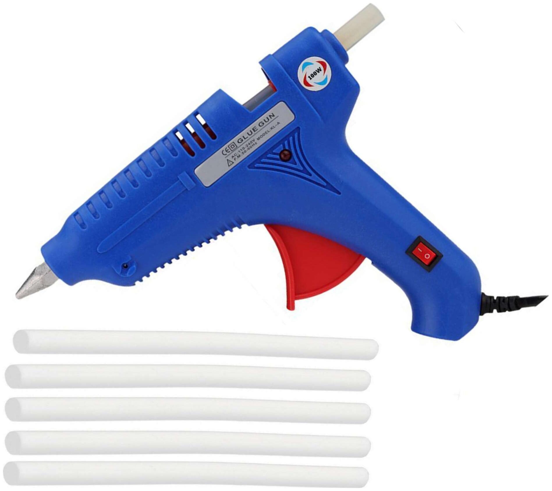 

BOND BLUE 100W 100 WATT LEAK PROOF PROFESSIONAL HOT MELT GLUE GUN (ON OFF SWITCH AND INDICATOR) WITH 5 MILKY WHITE GLUE STICKS