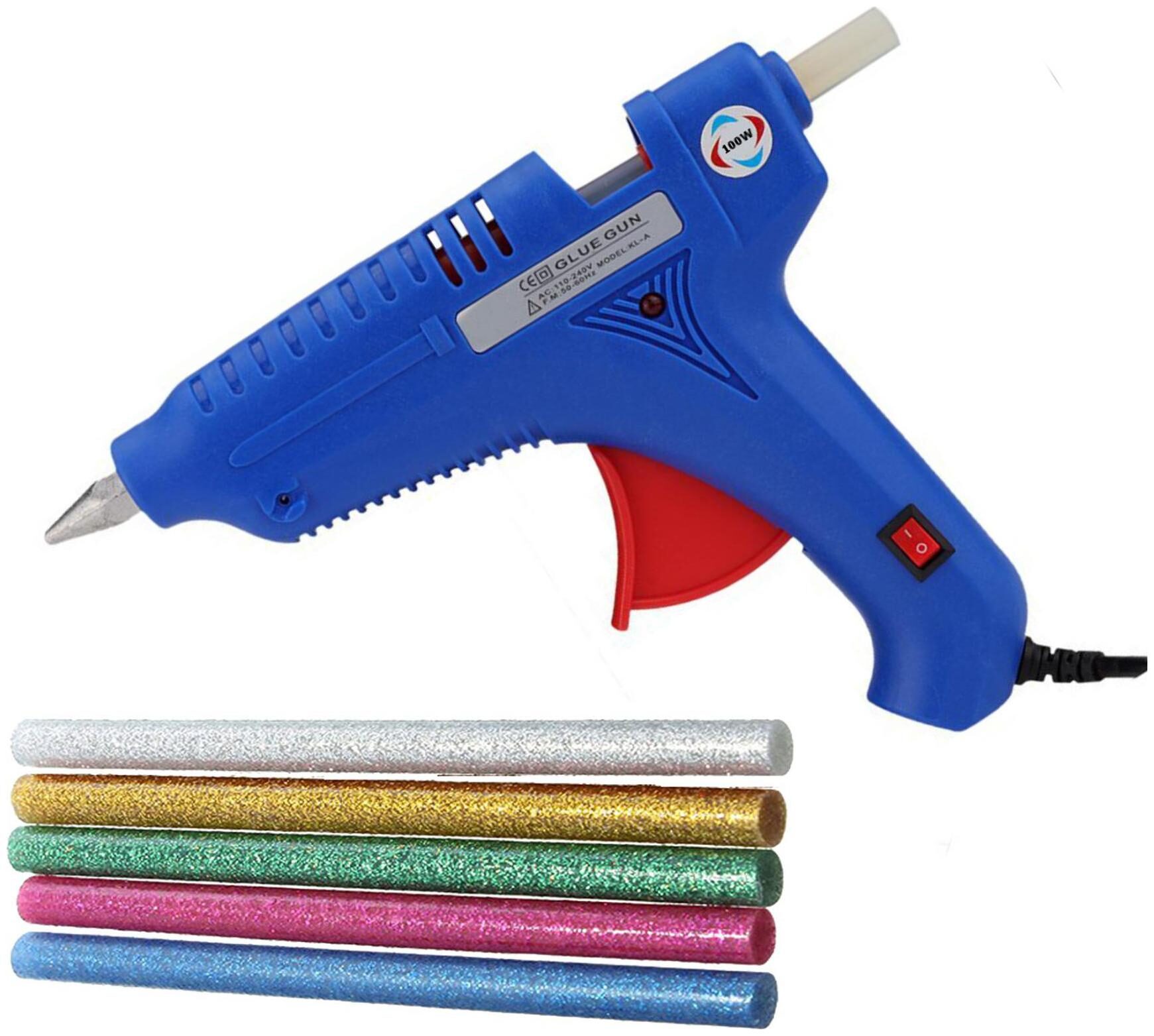 

BOND BLUE 100W 100 WATT LEAK PROOF PROFESSIONAL HOT MELT GLUE GUN (ON OFF SWITCH AND INDICATOR) WITH 5 GLITTER GLUE STICKS