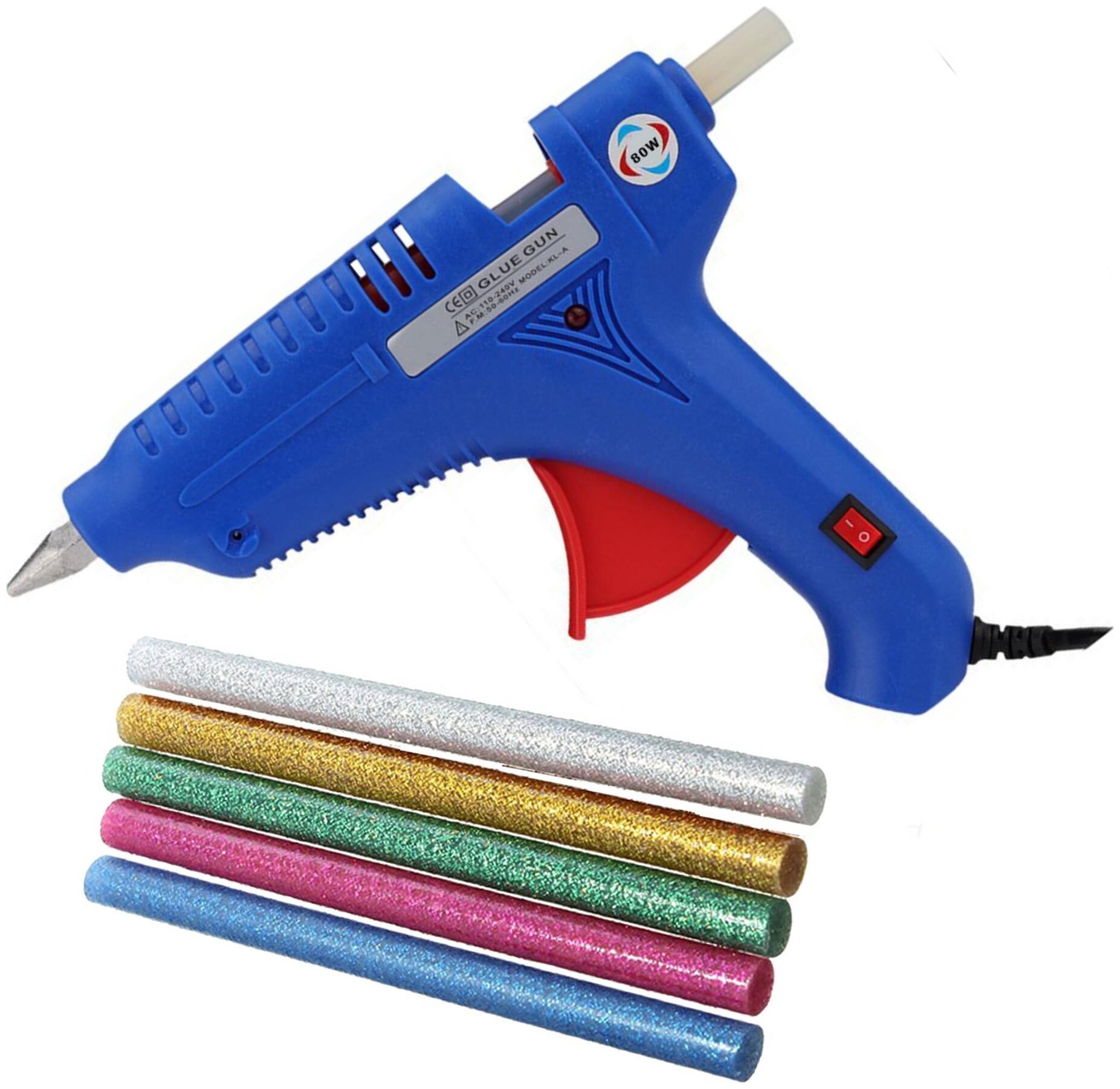 

BOND BLUE 80W 80 WATT LEAK PROOF PROFESSIONAL HOT MELT GLUE GUN (ON OFF SWITCH AND INDICATOR) WITH 5 GLITTER GLUE STICKS