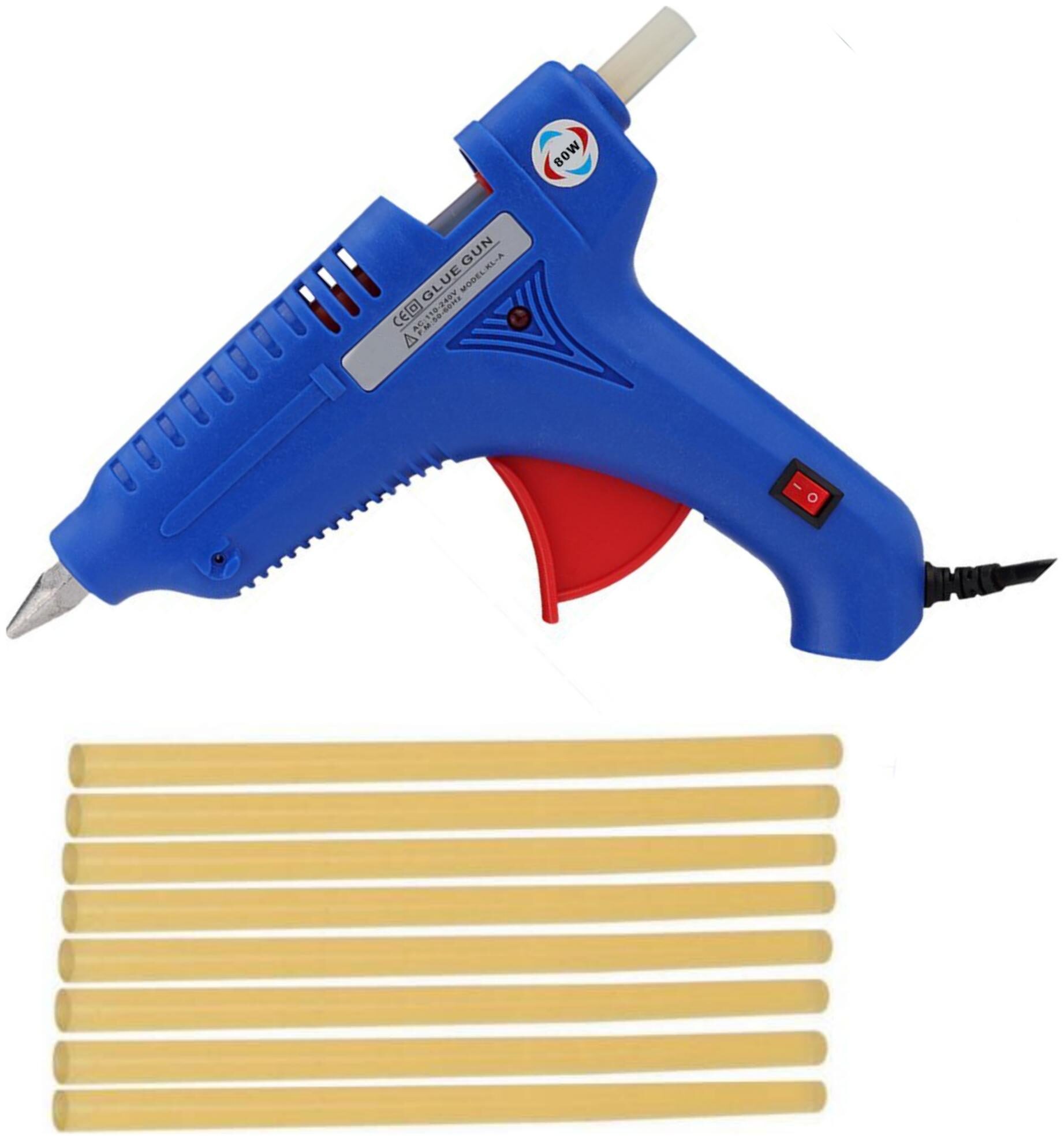

BOND BLUE 80W 80 WATT LEAK PROOF PROFESSIONAL HOT MELT GLUE GUN (ON OFF SWITCH AND INDICATOR) WITH 8 YELLOW GLUE STICKS
