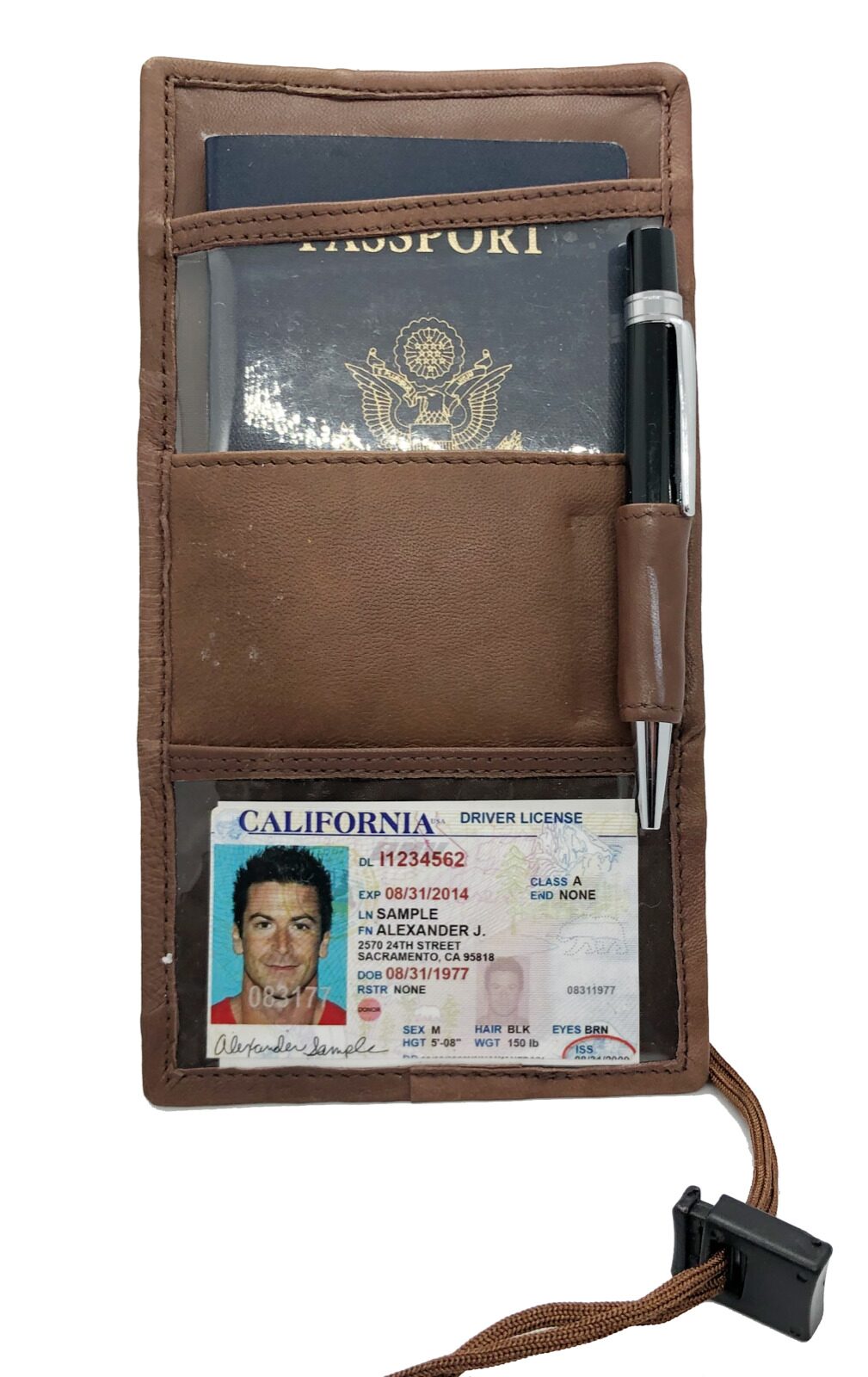 

Brown Genuine Leather Passport Holder Boarding Pass Travel Lanyard Wallet