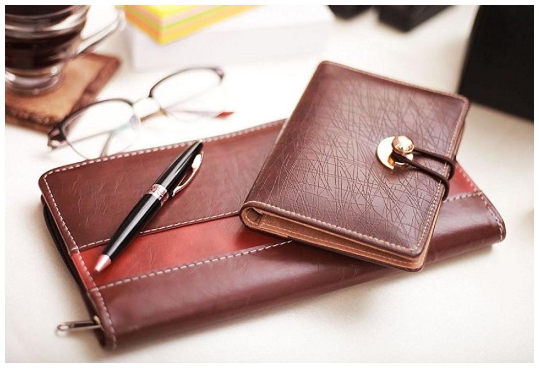 

Coi Brown And Chocolate Brown Expendable Faux leather Cheque Book Holder Document Holder With Brown Elastic Lock Executive Note Book and Pen