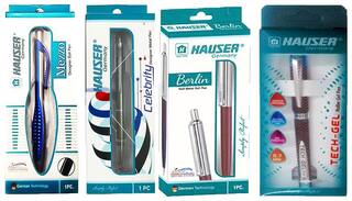 COMBO PACK CONTAINS-1 HAUSER GERMANY TECH-GEL ROLLER GEL PEN+1 HAUSER GERMANY BERLIN HALF METAL BALL PEN+1 HAUSER GERMANY CELEBRITY DESIGNER METAL PEN+1 HAUSER GERMANY MEZZO DESIGNER BALL PEN
