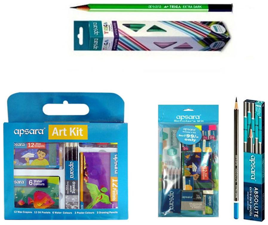 

Combo Pack of 10 Apsara Absolute Pencils 10 Apsara Triga pencils 1 Set Apsara Scholar s Kit 1 Set Apsara Art Kit