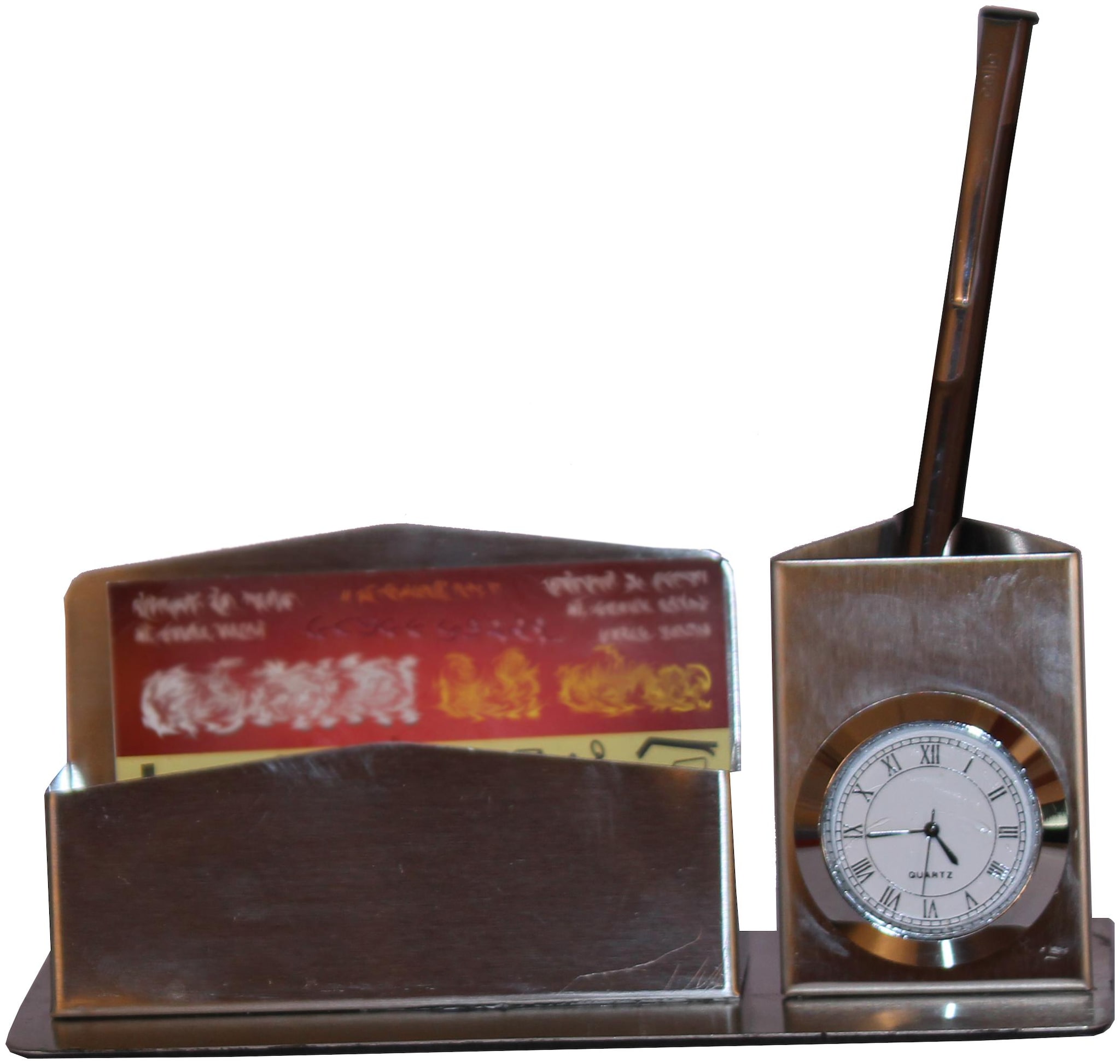 

Derz 2 Compartments Stainless Steel Pen Holder With Clock Card Holder For Office Desk (Silver)