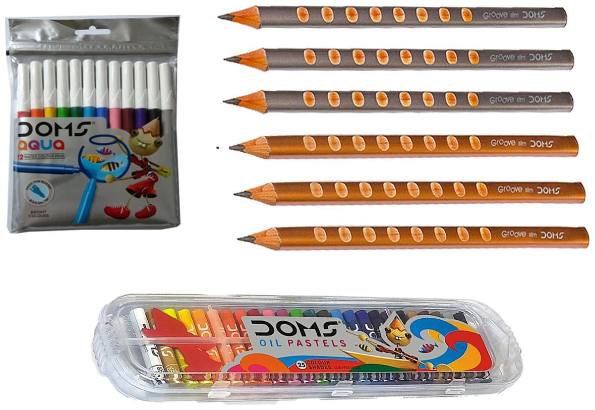 

DOMS 12 AQUA WATER COLOUR PEN DOMS (25 SHADE) OIL PASTEL DOMS GROOVE SLIM TRIANGLE PENCILS