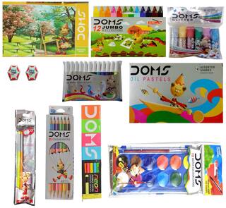 DOMS NEON PENCILS+DOMS PENCIL KIT+DOMS WATER COLOUR PENS+DOMS GLITTERS+DOMS NEON ERASER+DOMS DRAWING BOOK+DOMS WATER COLOUR CAKES+DOMS OIL PASTELS+DOMS JAMBO WAX CRAYONS+DOMS BICOLOUR PENCILS