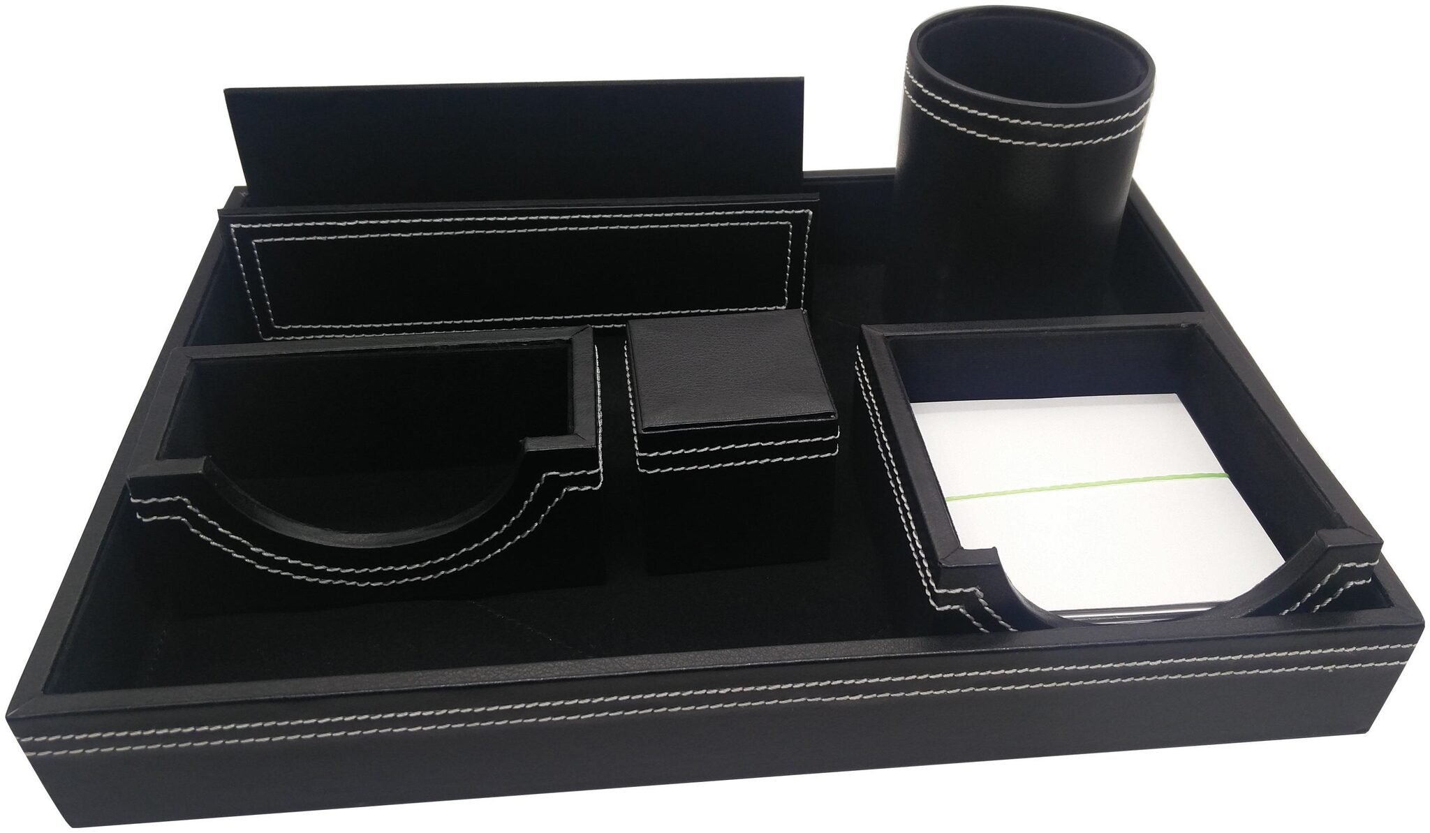 

Essart Wooden Desk Set with6 compartments Outer Body is Made up of Faux Leather Inner Body is Made up of Soft Velvet Desk Set -Black