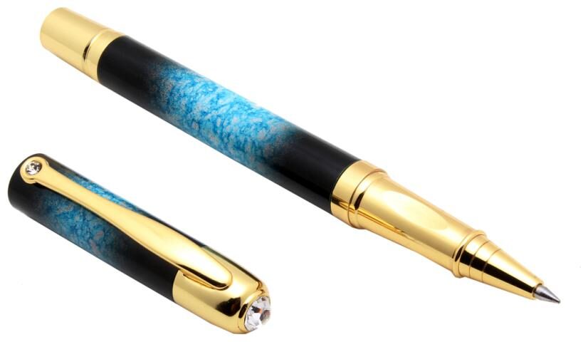 

Exclusive Designer Metal Body Golden Trims With White Crystal Jewel Rollerball Pen - Blue
