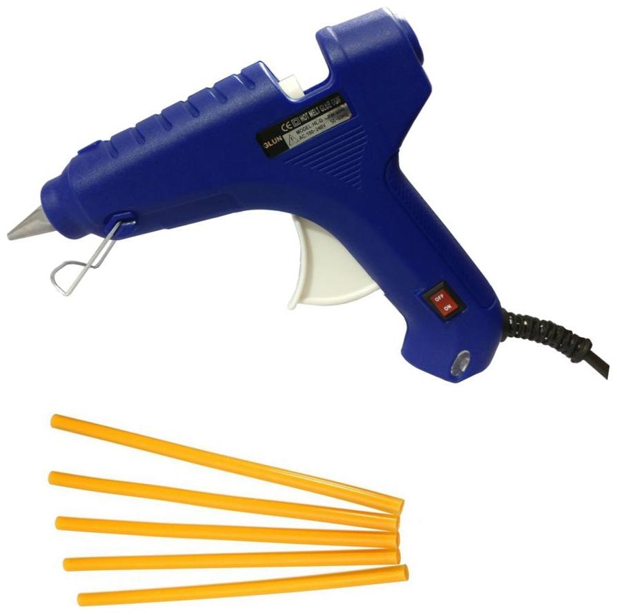 

GLUN BLUE 60W 60 WATT LEAK PROOF PROFESSIONAL (ON OFF SWITCH INDICATOR) HOT MELT GLUE GUN WITH 5 YELLOW GLUE STICKS