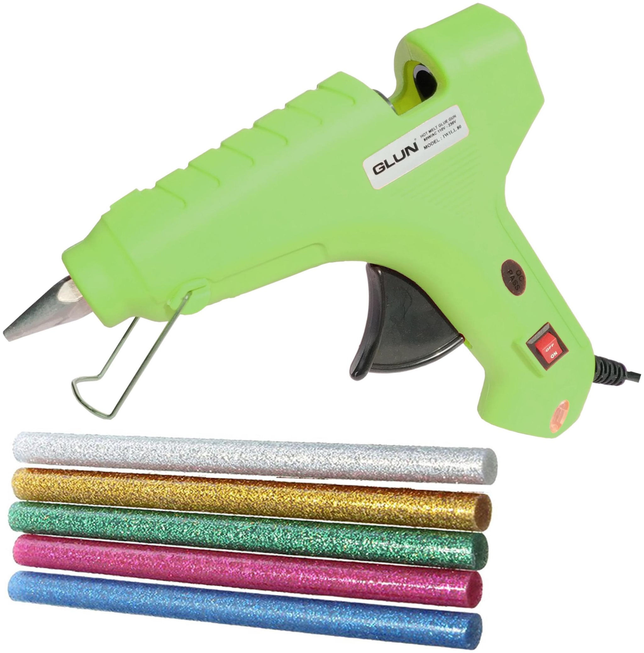 

GLUN NEON GREEN 80W 80 WATT LEAK PROOF PROFESSIONAL (ON OFF SWITCH INDICATOR) HOT MELT GLUE GUN 5 GLITTER SPARKLE HOT MELT GLUE GUN