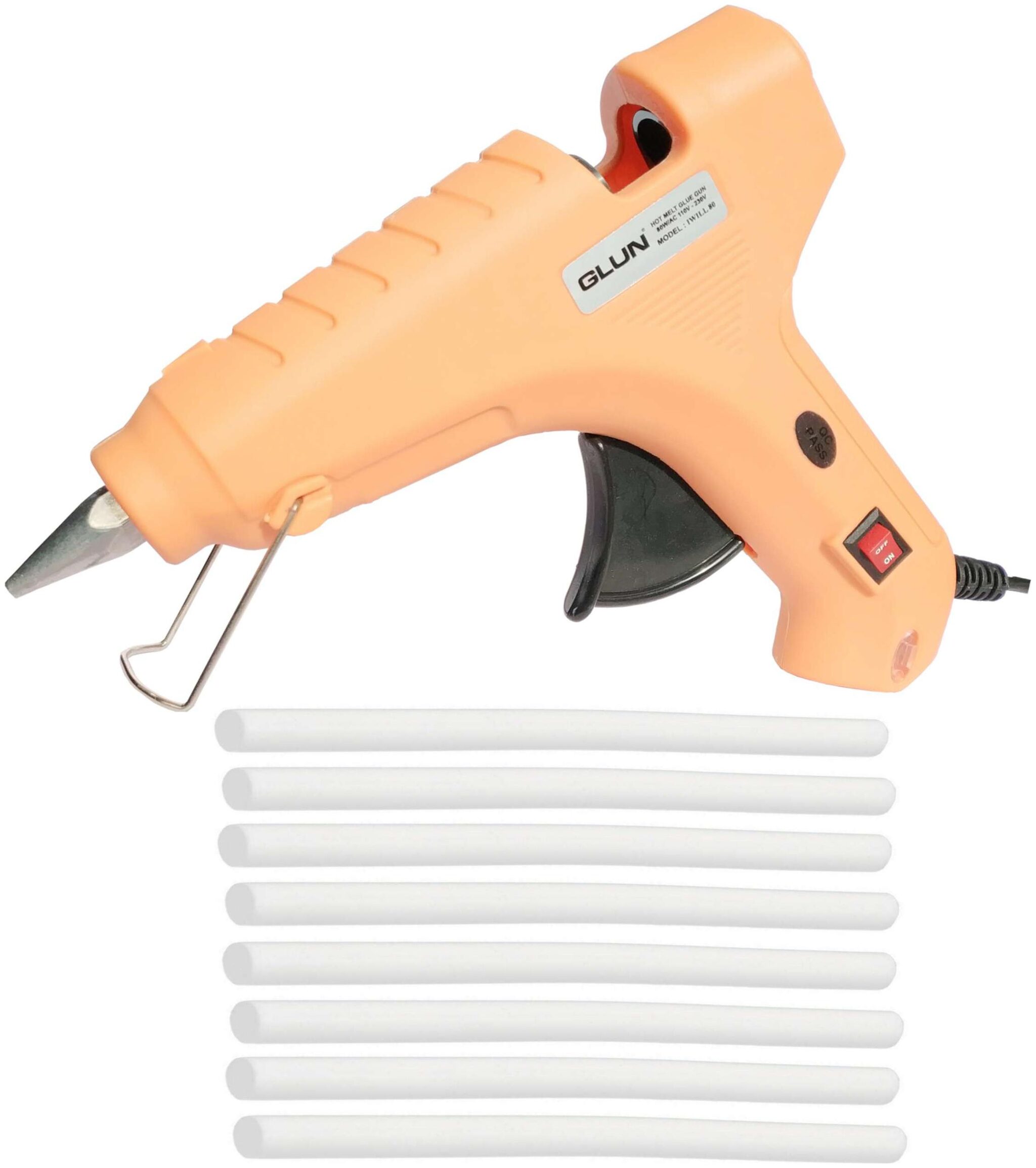 

GLUN PEACH 80W 80 WATT LEAK PROOF PROFESSIONAL (ON OFF SWITCH INDICATOR) HOT MELT GLUE GUN WITH 8 MILKY WHITE GLUE STICKS