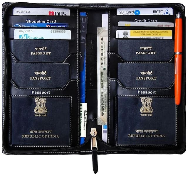 kittu passport Holder, mini cards Holder and Currency wallet (All in One) And 6 Credit card slot (material- Imported PU Black)
