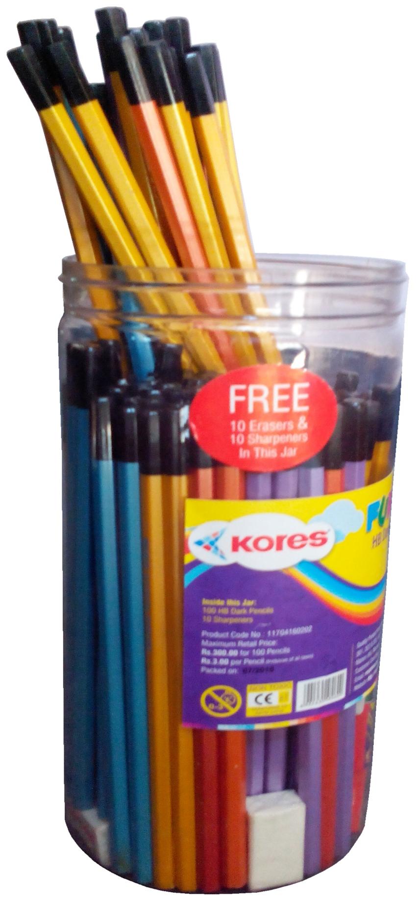 

Kores Funcils Hb Dark Pencil Pack of - 1 Jar (100 Pencil 10 Sharpener 10 Eraser in Jar)