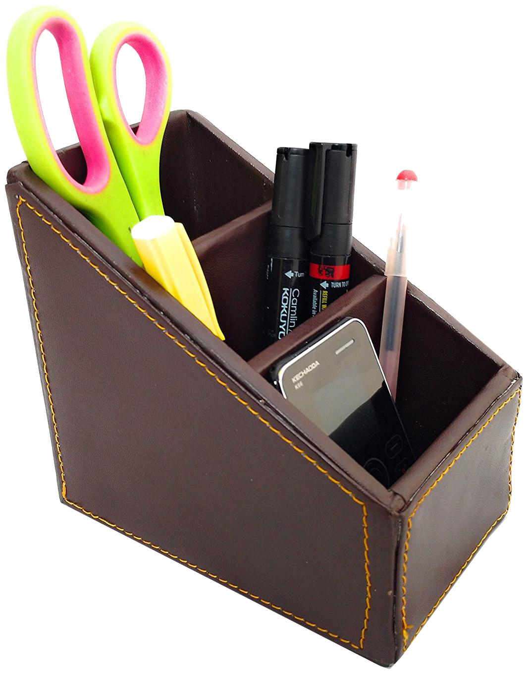 

Leather Desk Organizer 3 Compartment Big Spacious Pen Stand Mobile Phone Stand Card Holder
