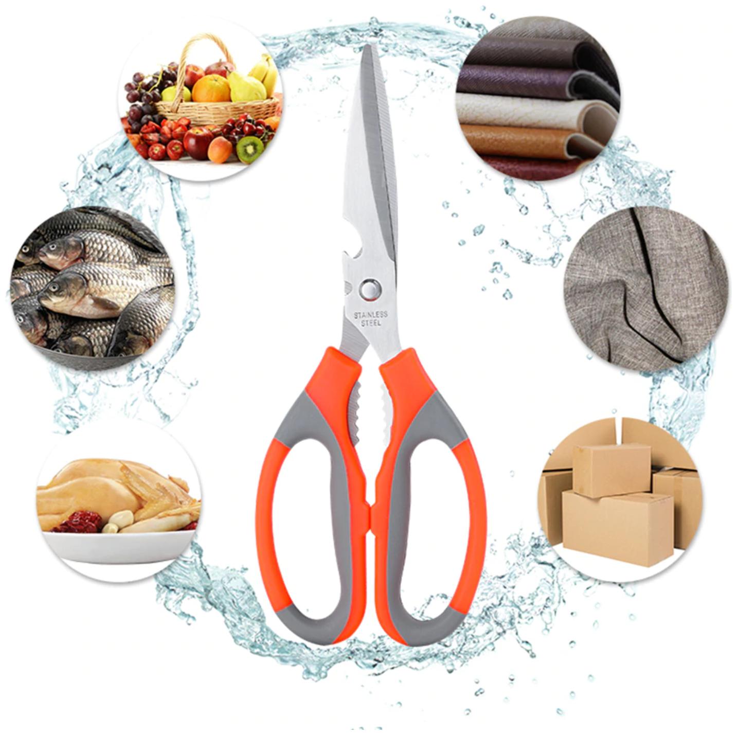 

Marketon Multi Purpose Kitchen Scissors with Nut Cracker Bottle Opener for Chicken Poultry Fish Meat Vegetables (Assorted Color) Pack of 1