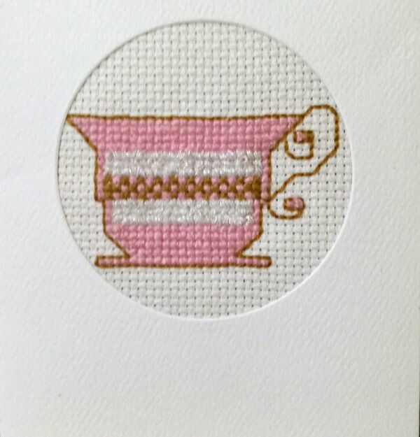 

Cross Stitch tea cup card framed on white aida Handmade Collection Finished
