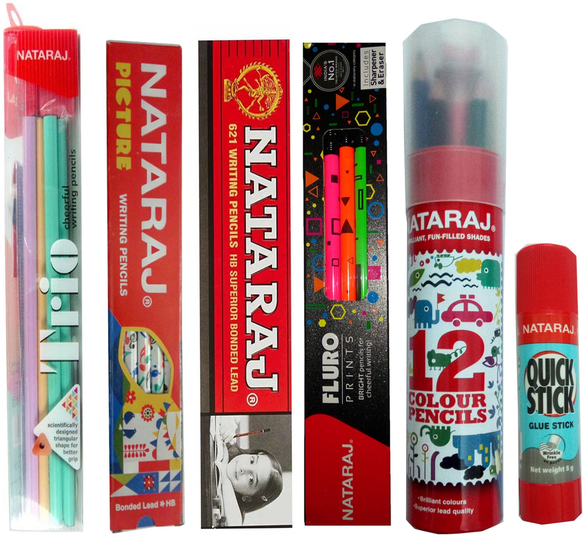 

NATARAJ 621 PENCILS NATARAJ PICTURE PENCILS NATARAJ FLURO PRINT RUBBER TIPPED PENCILS NATARAJ 12 FULL SIZE COLOUR PENCILS JAR NATARAJ GLUE STICK 8GM NATARAJ TRIO CHEERFUL PENCILS