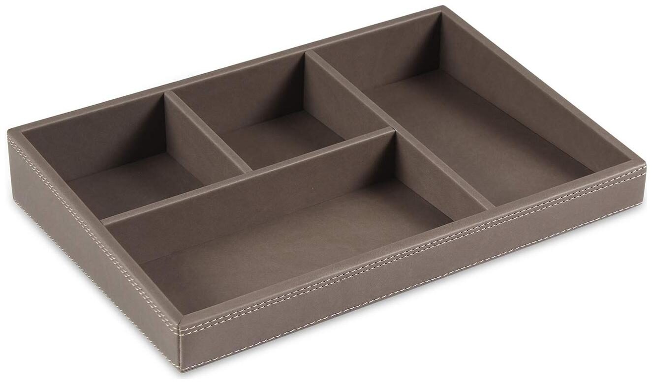 

Now Zen Faux Leather Box Multi Tray Organizer with Four Compartment and White Border Stitch-Brown