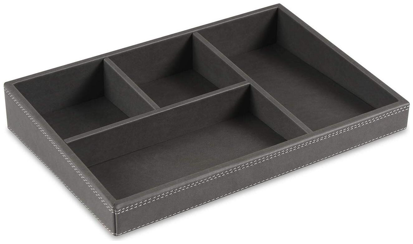 

Now Zen Faux Leather Box Multi Tray Organizer with Four Compartment and White Border Stitch-Dark Grey