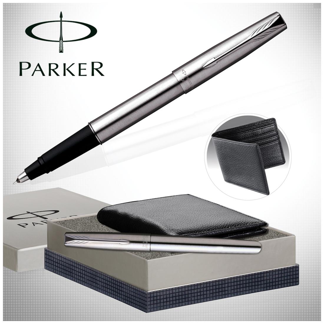 Parker Frontier Stainless Steel Gold Trim Ball Point Pen GT Blue Ink New
