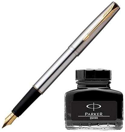 Parker Frontier Stainless Steel GT Fountain Pen with Black Quink Ink Bottle (Pack of 2)