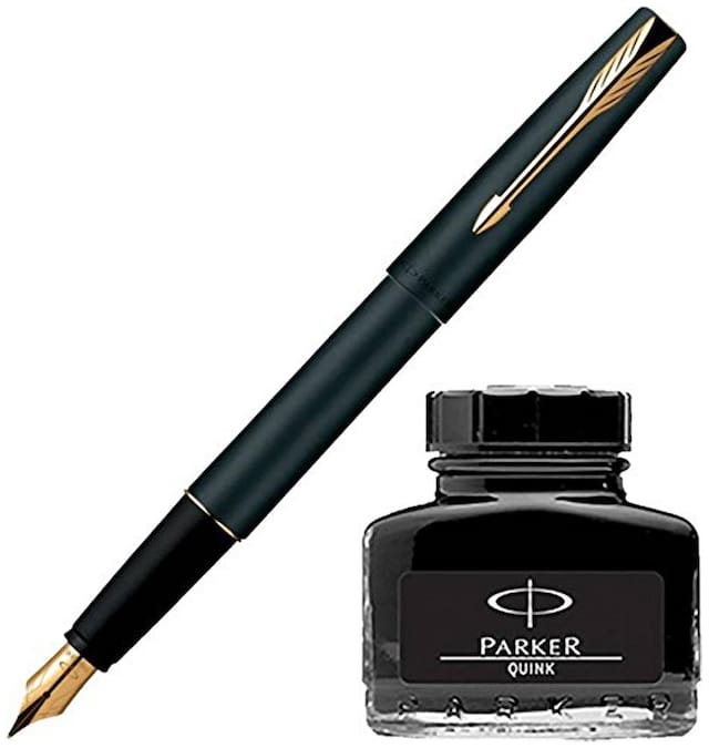 Parker Frontier Matte Black GT Fountain Pen with Black Quink Ink Bottle