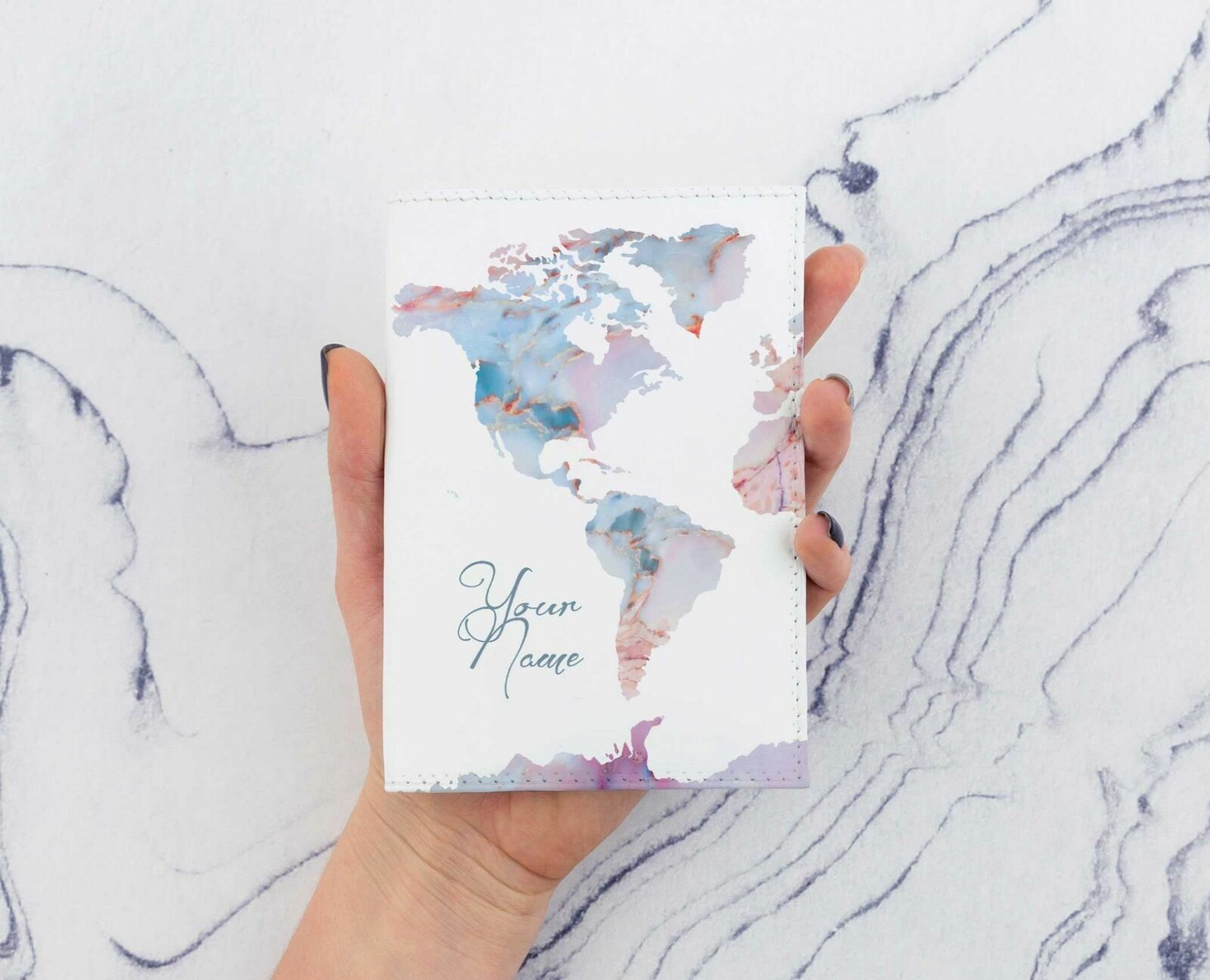 

Personalized Passport Cover Leather Marbled World Map Case For ID Card Holder
