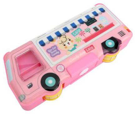 

QIPS high quality Cute Printed School Bus Shaped Pencil Box for Kids with Wheels Pink