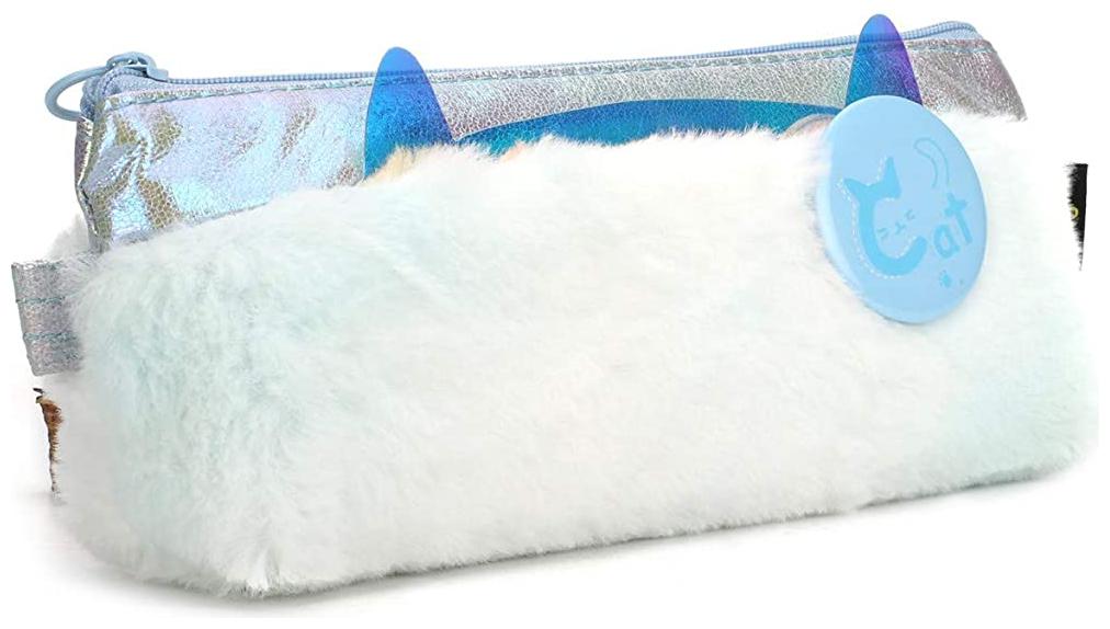 

QIPS Plush Fluffy Faux Fur Cat Pencil Pouch Bag Blue