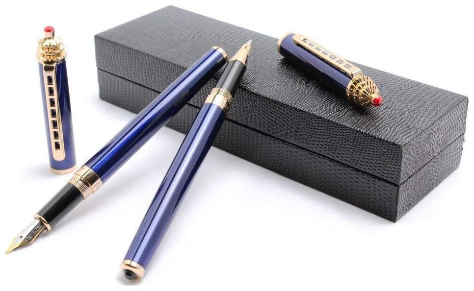 

Set Of 2 - Jinhao Temple Of Heaven Gloss Blue Medium Nib Fountain Pen Roller Pen Gift Set