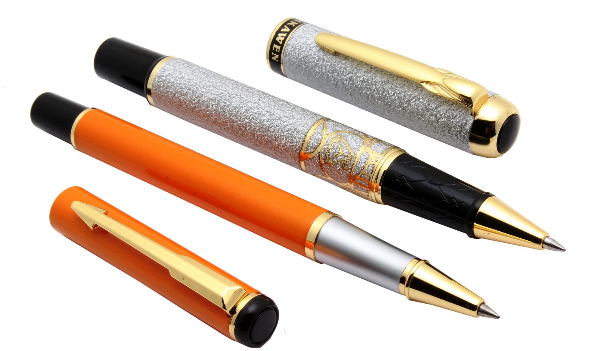 

SRPC Set Of 2 - Royal Shine Orange Silver Signature Roller Ball Pens Golden Trims