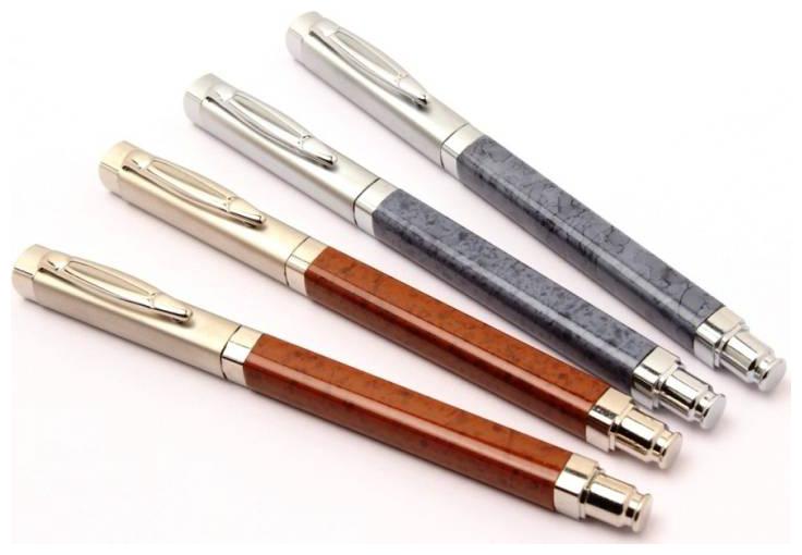 

Set Of 4 - Mini Size Roller Ball Pens Square Metal Body Marble Grey Brown New