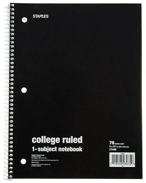 

Staples 1-Subject Notebook 8 x 10 5 College Ruled 70 Sh Black 1484082
