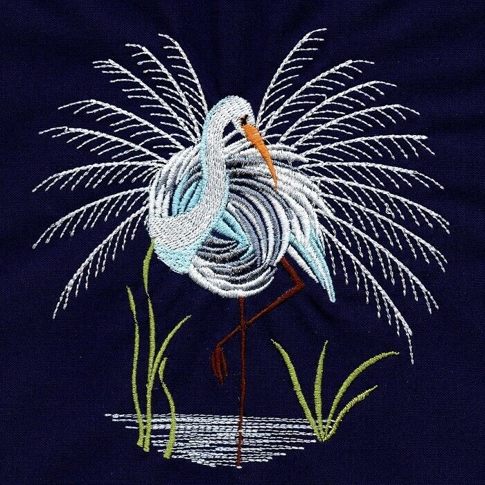 

Ten Embroidered Quilt Blocks - GREAT EGRETS - ROBERT KAUFMAN NAVY KONA COTTON