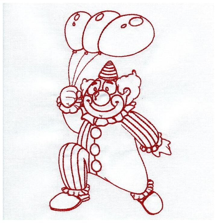 

Ten Embroidered Quilt Blocks - REDWORK CLOWNS ON WHITE KONA COTTON