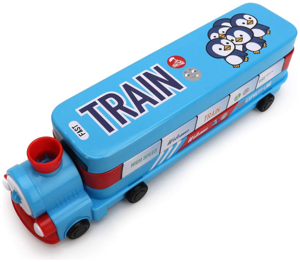 

Toys League Sky Blue Metallic Train pencil box with inbuilt Sharpener