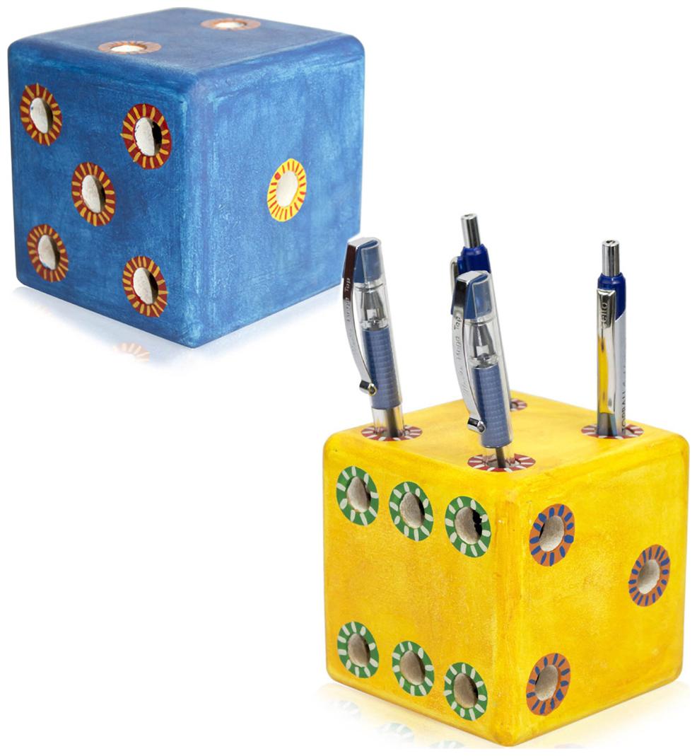 

Vareesha Blue Yellow Wooden Dice Pen Stand Set Of Two