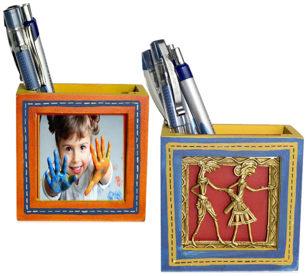 

Vareesha Dhokra Blue And Orange Photo Pen Stand Set Of Two