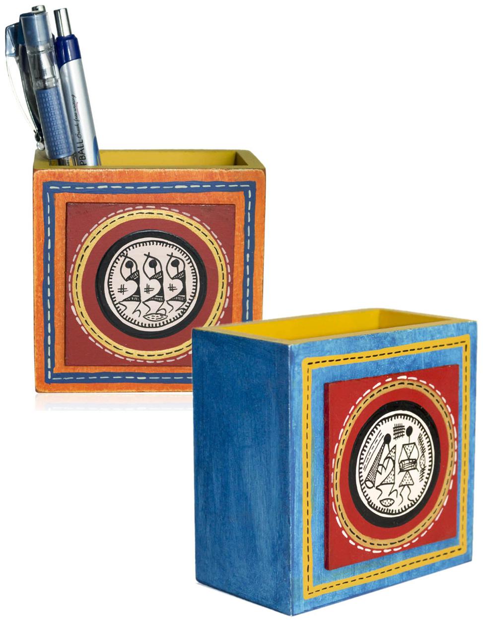 

Vareesha Hand Painted Warli Tiled Blue Orange Pen Stand Set Of Two
