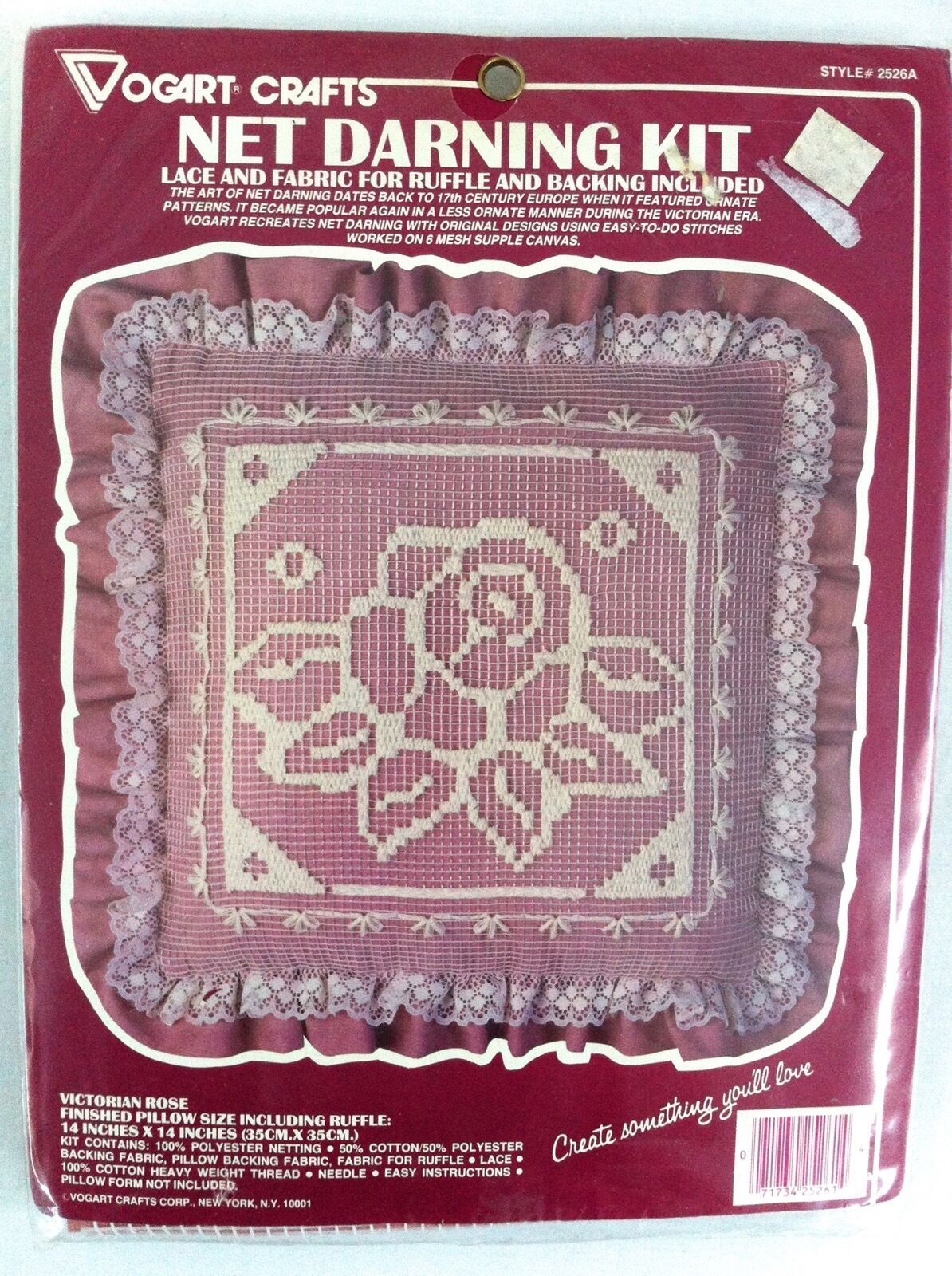 

Victorian Rose Lace Net Darning 14in Ruffle Pillow Kit Sealed Vogart Crafts 2526