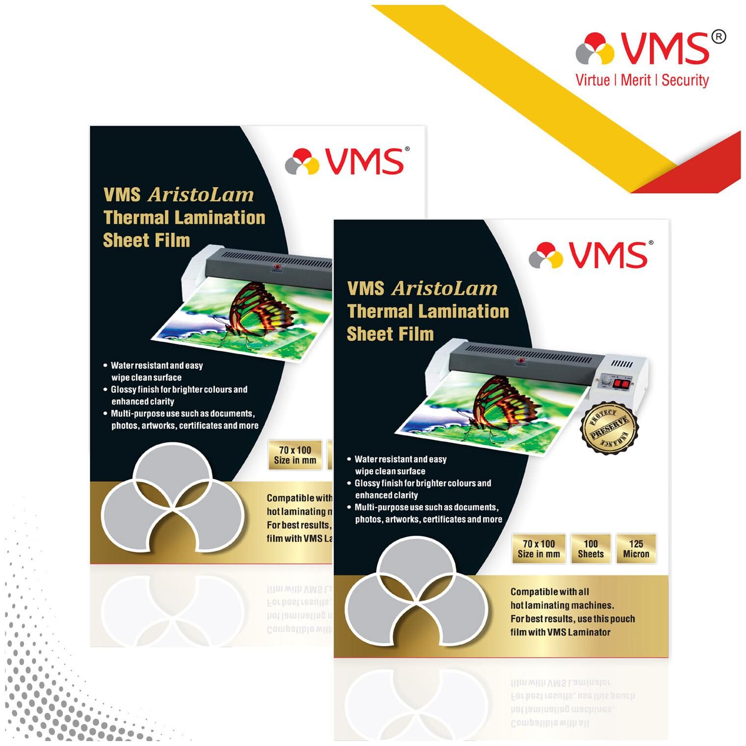 

VMS Aristolam Thermal Lamination Pouch 70x100mm 125 Micron - Pack of 2 (200 Sheets) for Id Card