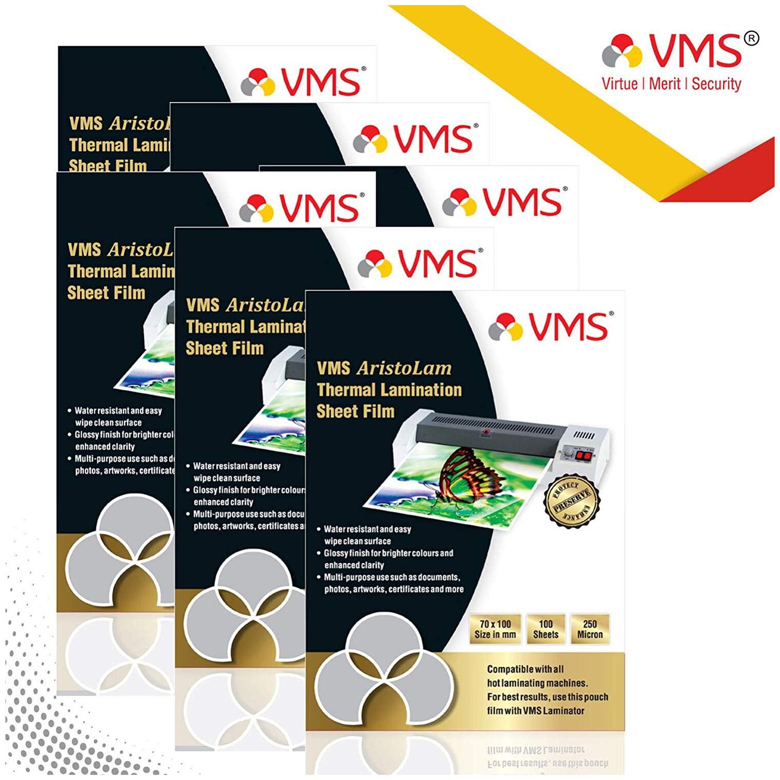 

VMS Aristolam Thermal Lamination Pouch 70x100mm 250 Micron - Pack of 6 (600 Sheets) for Id Card