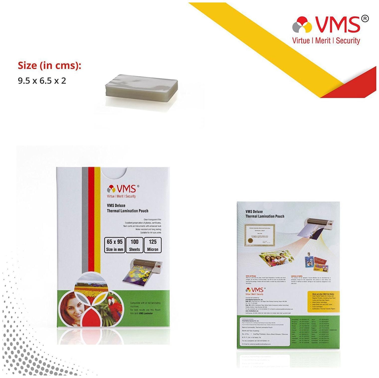 

VMS Deluxe Thermal Lamination Pouch 65x95mm 125 Micron - Pack of 8 (800 Sheets) for Id Card