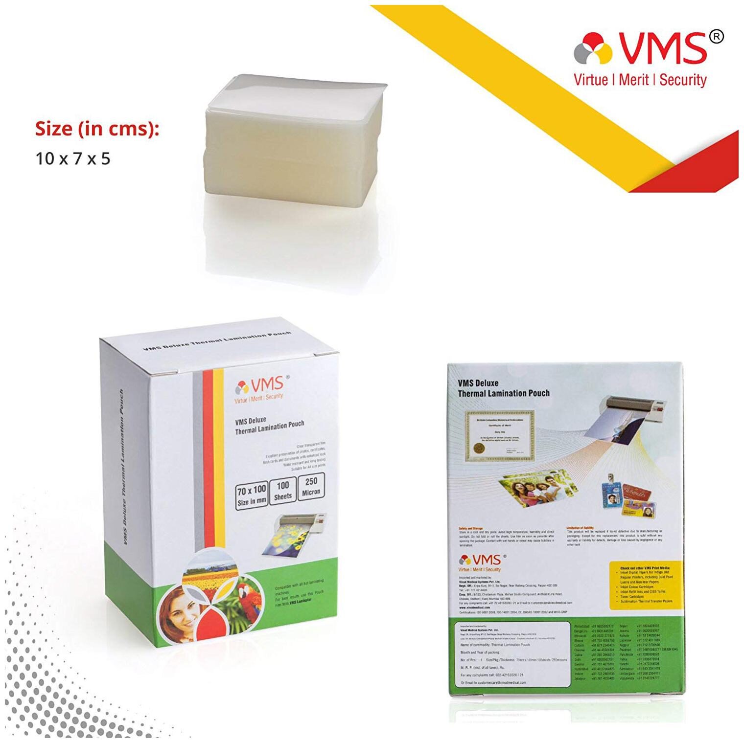 

VMS Deluxe Thermal Lamination Pouch 70x100mm 250 Micron - Pack of 6 (600 Sheets) for Id Card