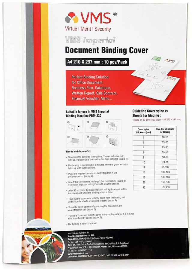 VMS Imperial A4 Thermal Binding Document Cover White Paper and Transparent Plastic Cover with PVC Glue for Thermal Binding Machine (3mm Pack of 10 pcs)