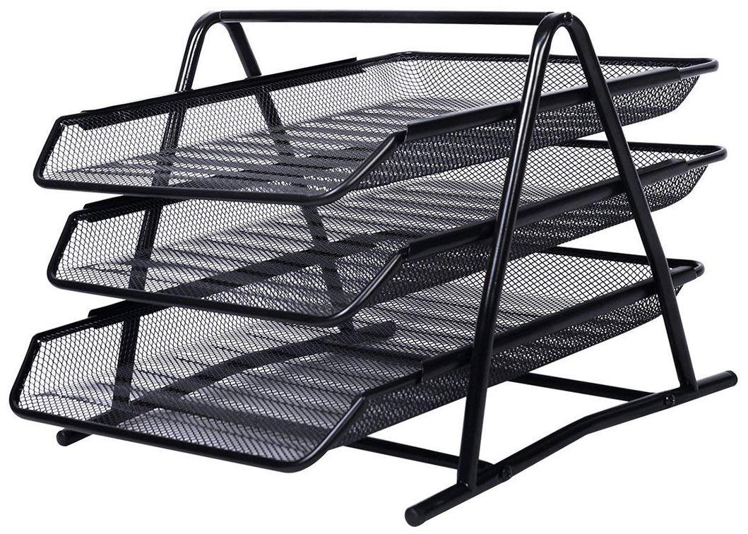

VMS OfficeBuddy Black Metal Mesh 3 Tier Document Tray Desk Organizer Desktop Letter Mail A4 Paper Holder Newspaper Holder Sliding Wire Mesh File Tray for Office