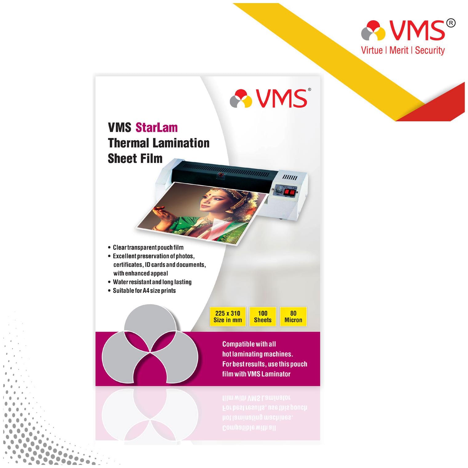 

VMS Starlam Thermal Lamination Pouch 225x310mm 80 Micron (100 Sheets) for Certificate and Documents